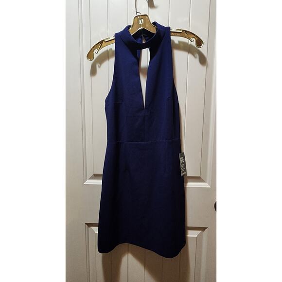 NEW Express Blue Mock Neck Sleeveless Keyhole Sexy Sheath Dress Lace Back Size 6 - Picture 2 of 10
